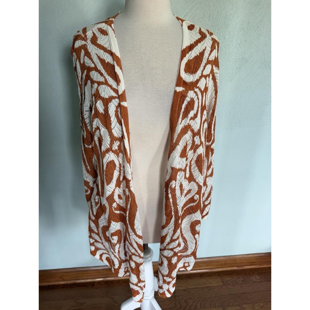 Chico's Summer Romance Abstract Cardigan bold rust-orange pattern Sz 4